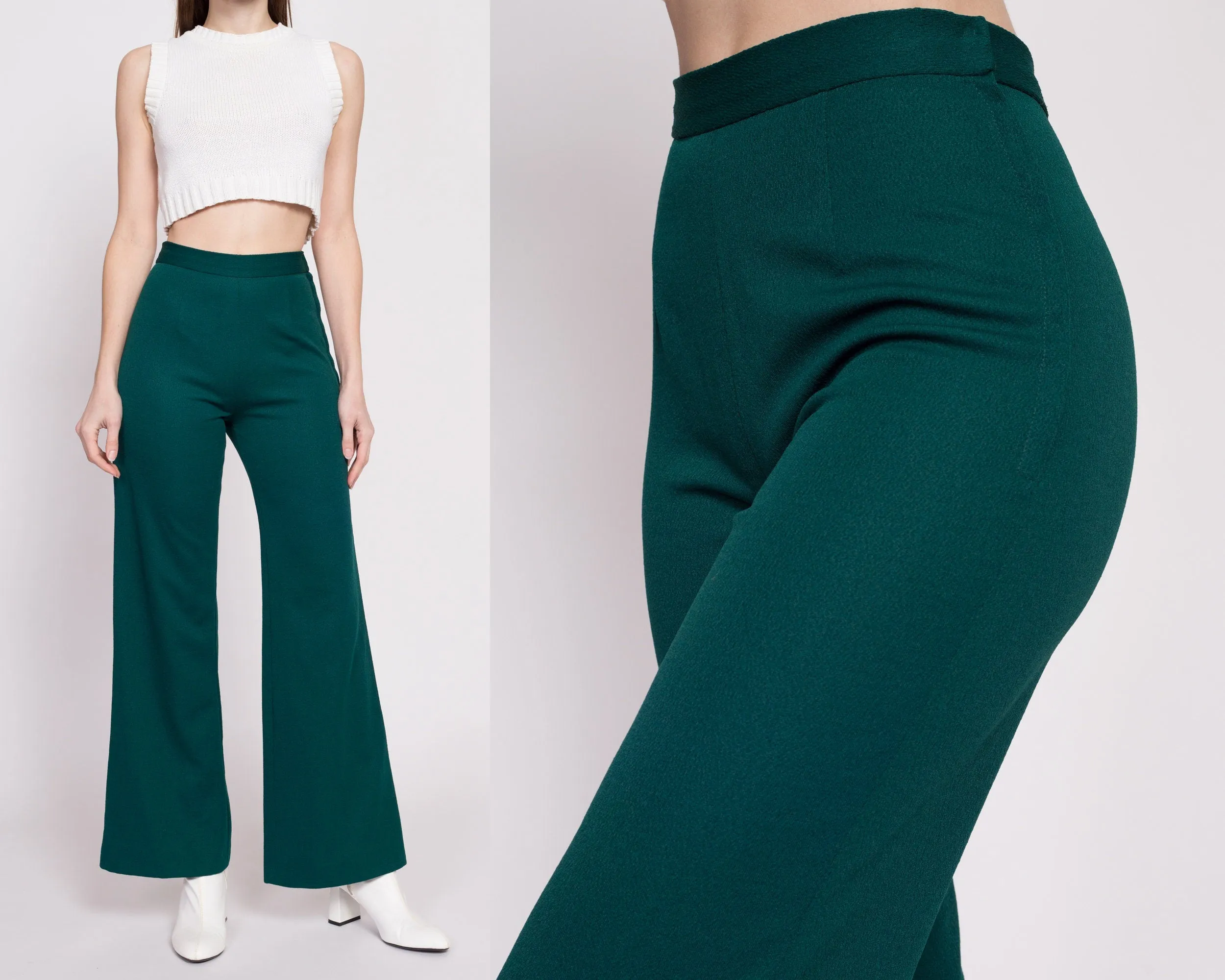 70s Emerald Green Flared Side Zip Pants - Extra Small, 25"