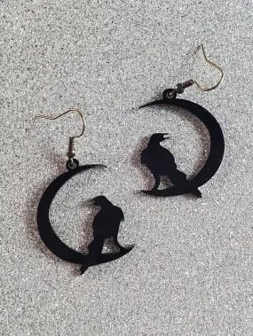 Acrylic Crow & Crescent Moon Dangle Earrings