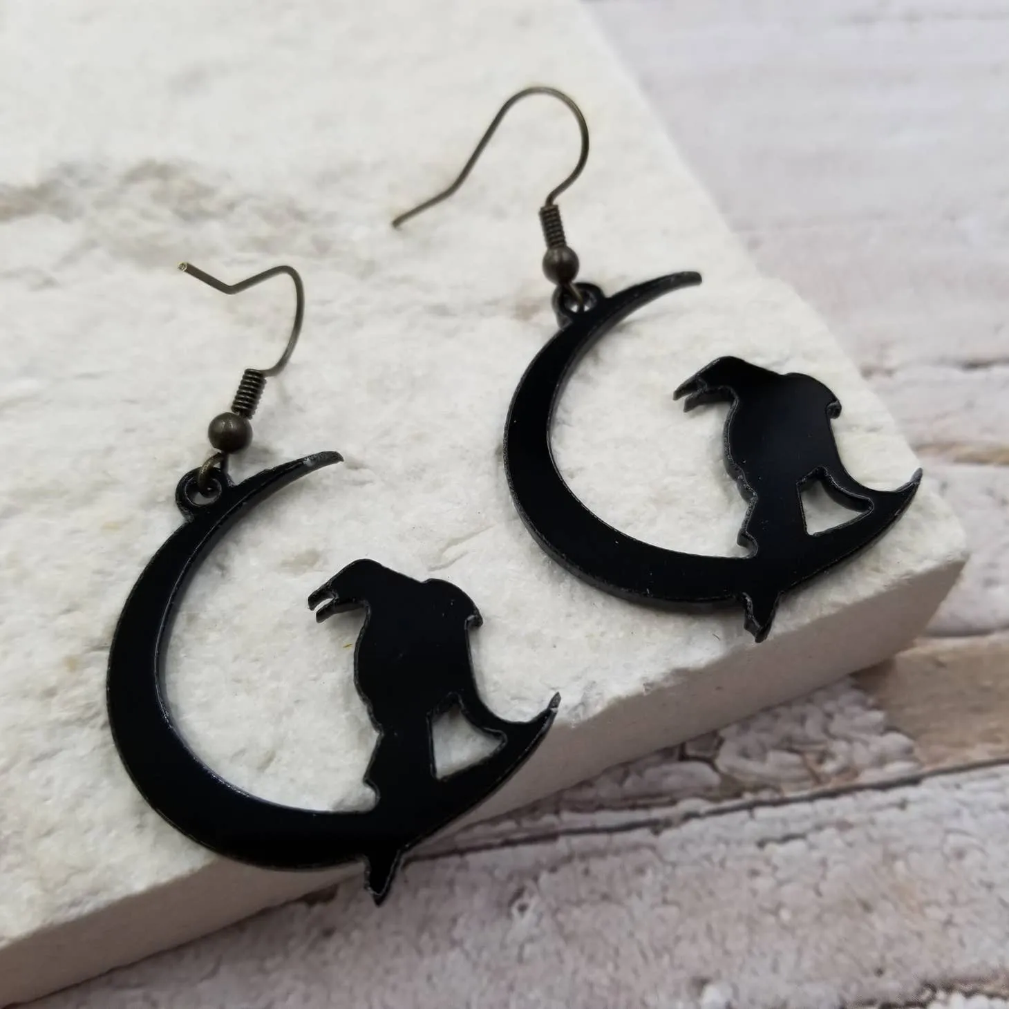 Acrylic Crow & Crescent Moon Dangle Earrings