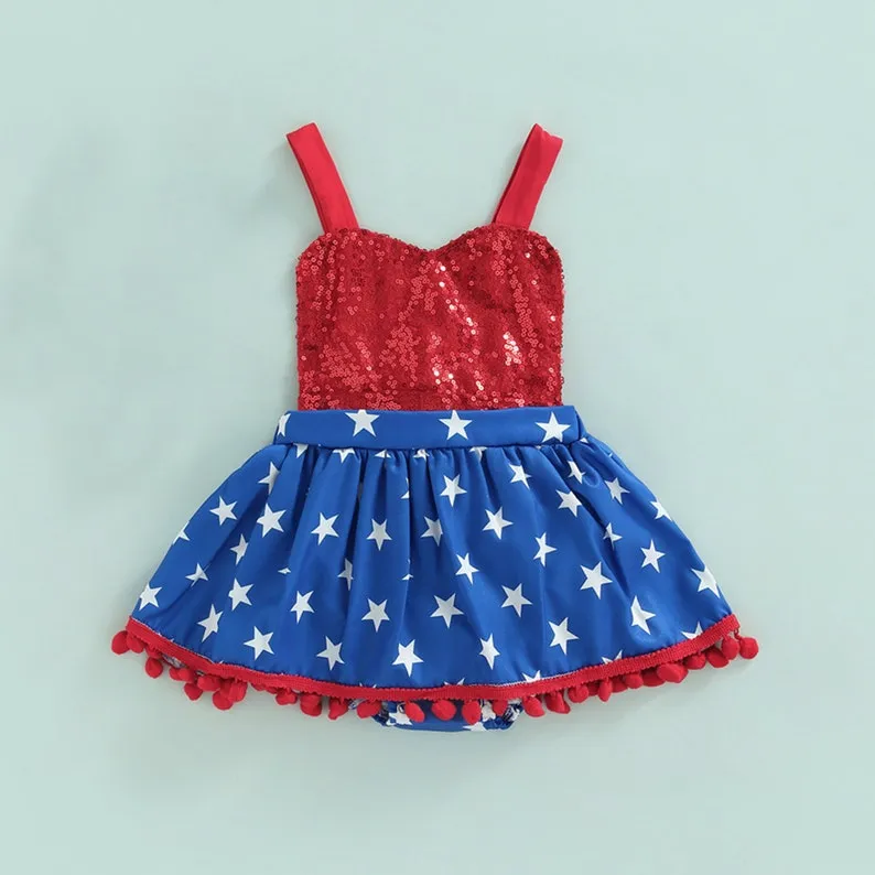 American Baby Girl Tutu Dress for Independence Day Pageant, 4th of July Red Sequin Romper