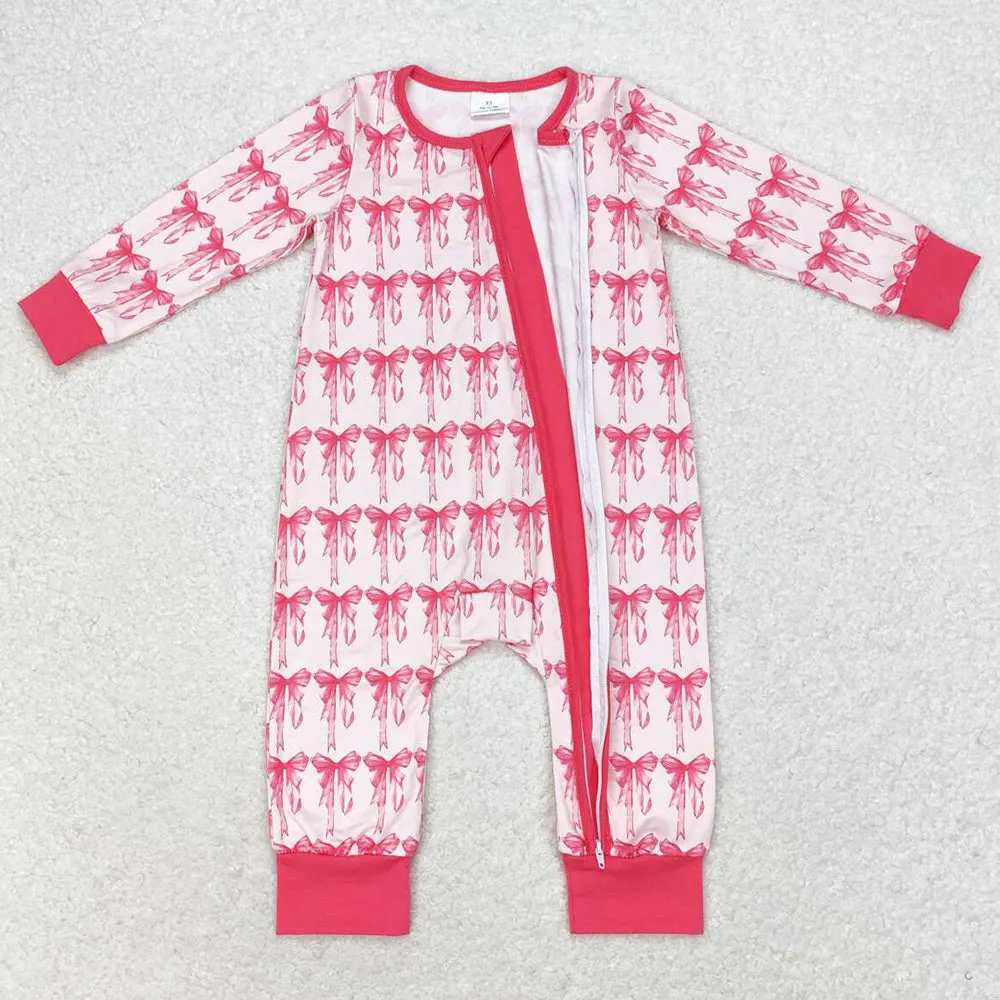 Baby Infant Girls Rompers Pink Bows Zip Long Sleeve Rompers LR1035