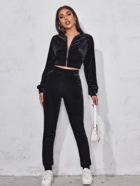 Baseball Collar Solid Velvet Bomber Jacket and Sweatpants Set
