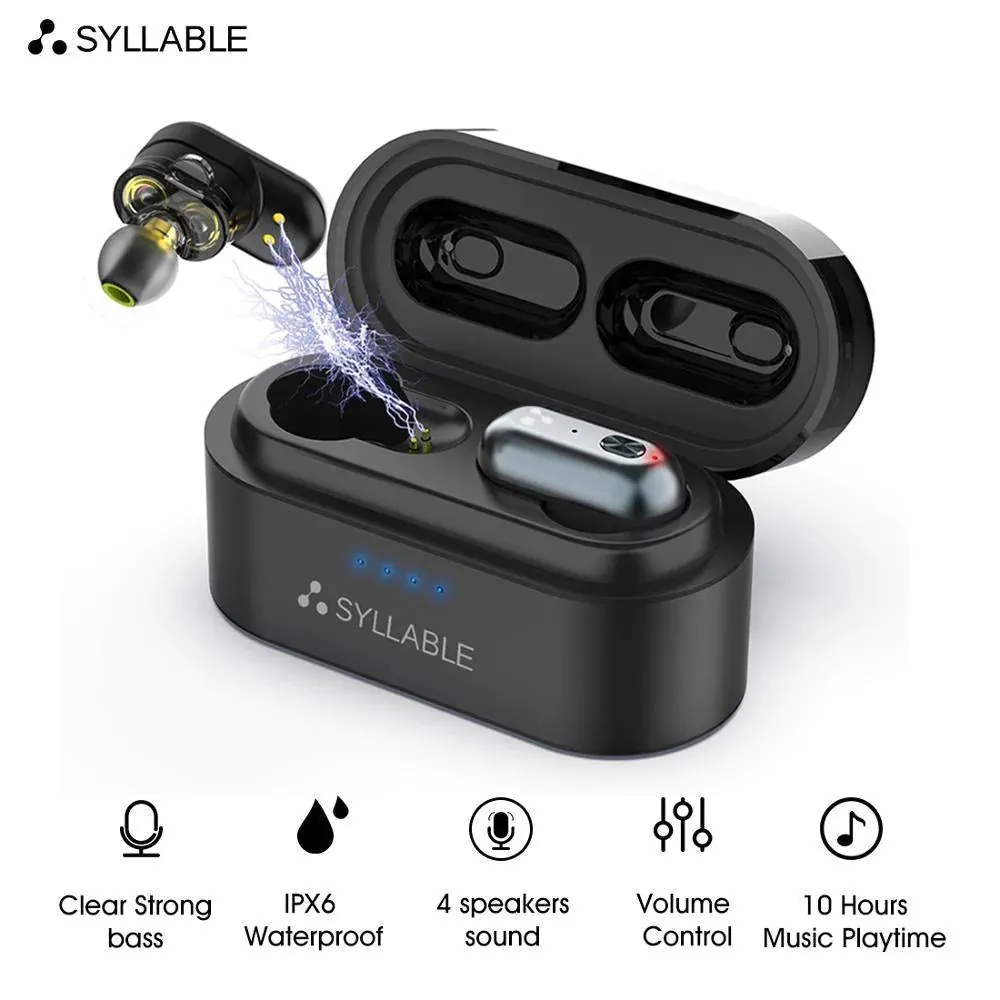 Black Syllable S101 Bluetooth 5.0 with Charging Case for Mobile Phones and PC