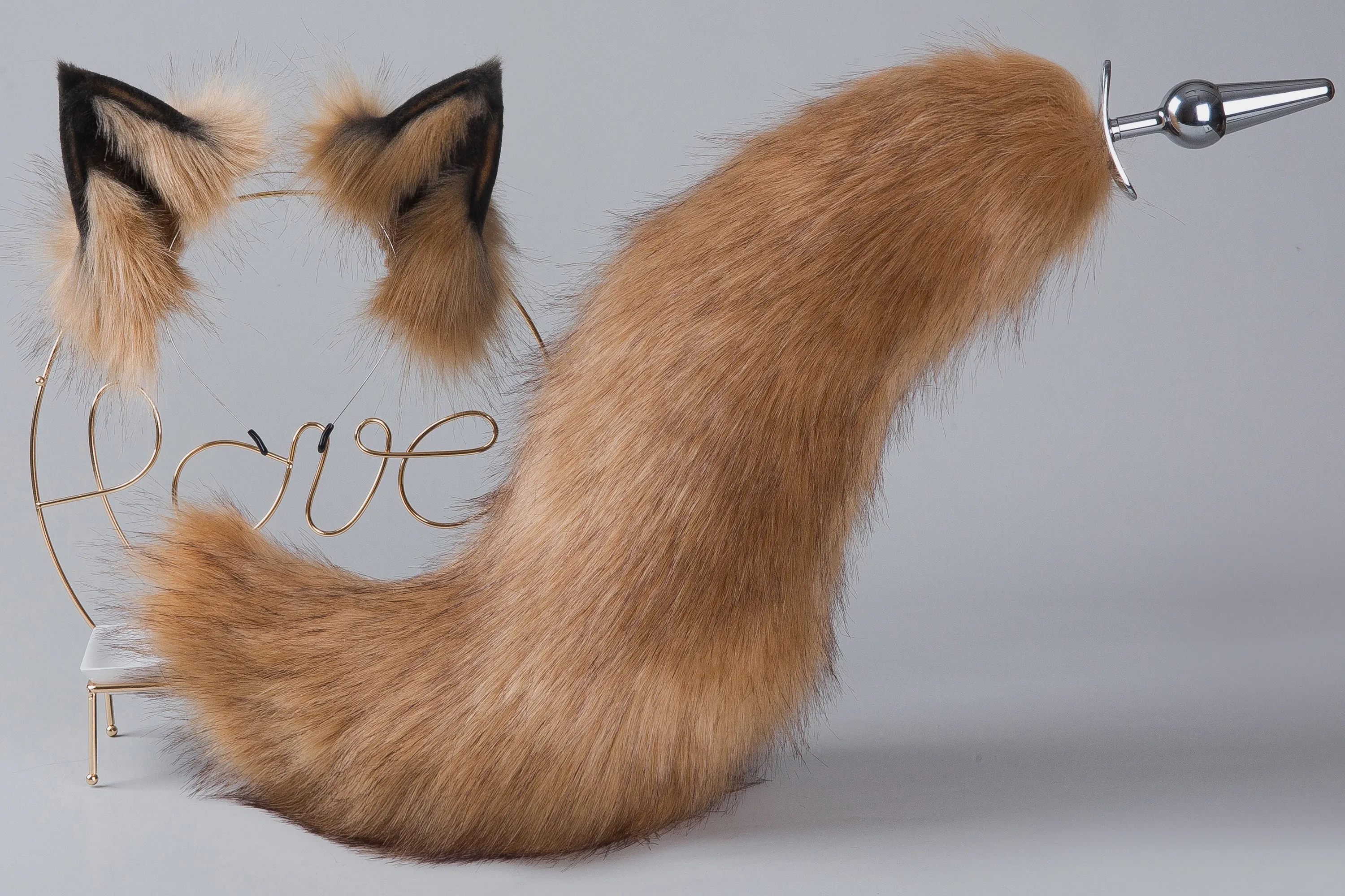 brown black fox tail plug and ear neko ear and tail set neko cosplay anime wolf tail buttplug and ear kitten ear and tail plug set