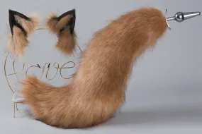 brown black fox tail plug and ear neko ear and tail set neko cosplay anime wolf tail buttplug and ear kitten ear and tail plug set
