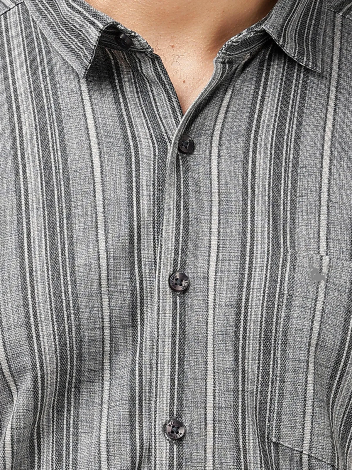 BULLMER Trendy Grey Regular Fit Striped Causal Full sleeve Shirt For Men.