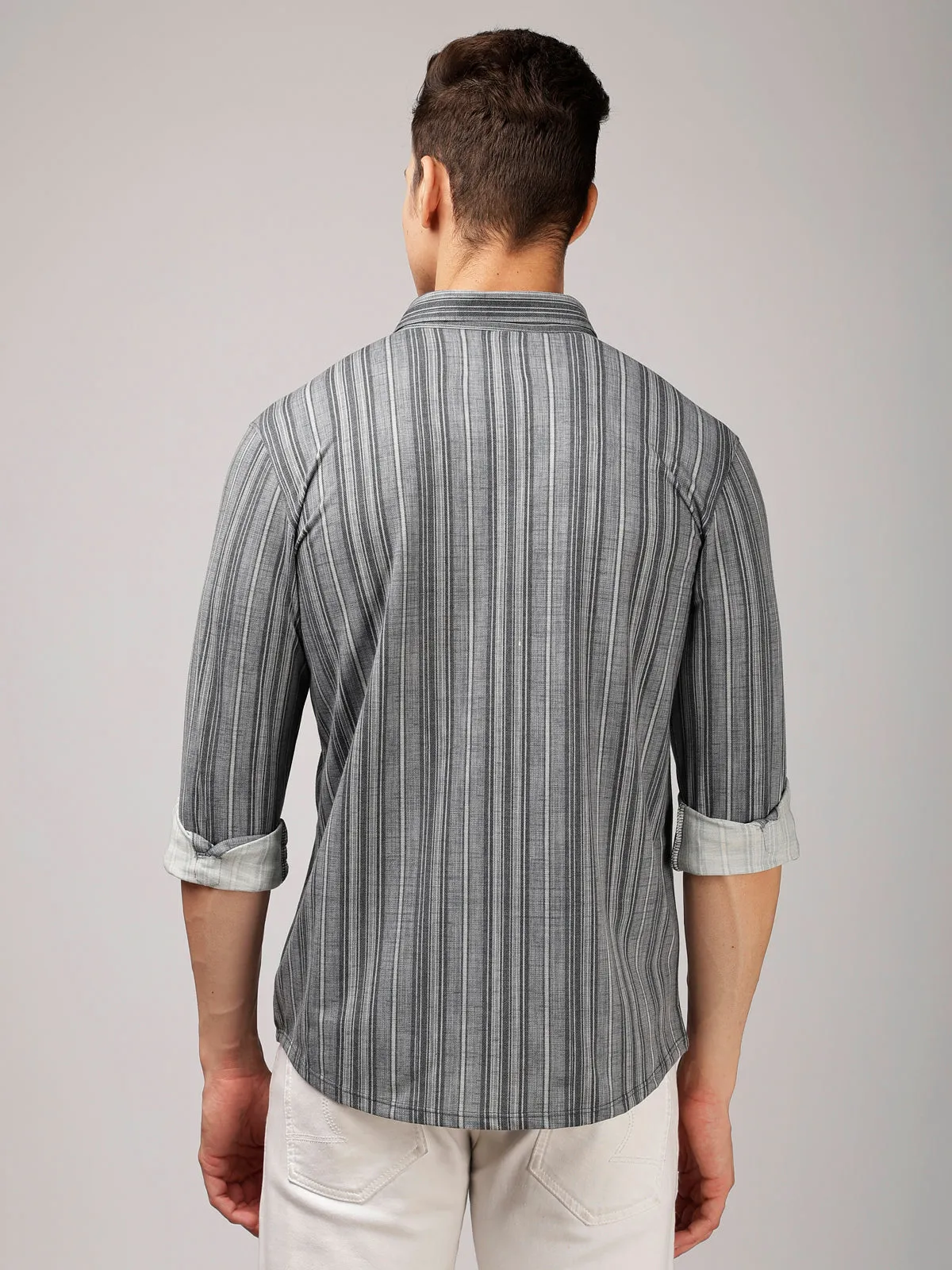 BULLMER Trendy Grey Regular Fit Striped Causal Full sleeve Shirt For Men.