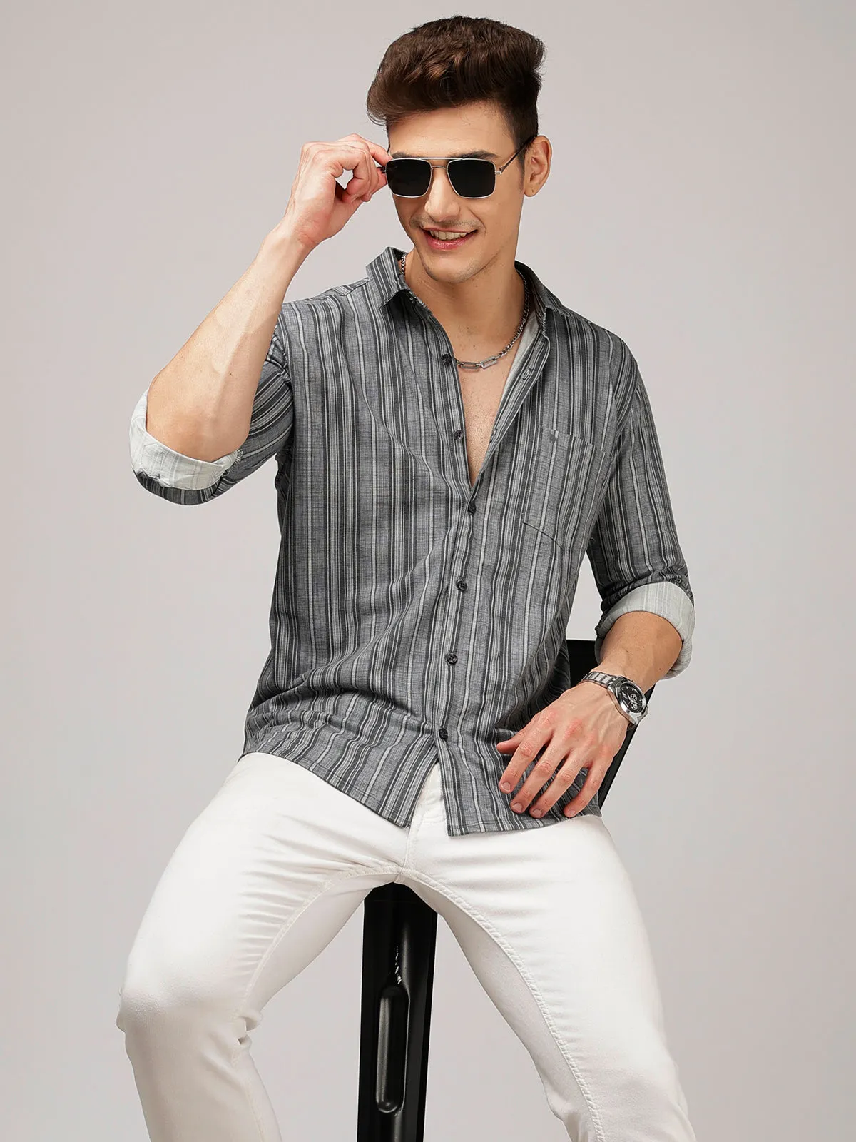 BULLMER Trendy Grey Regular Fit Striped Causal Full sleeve Shirt For Men.