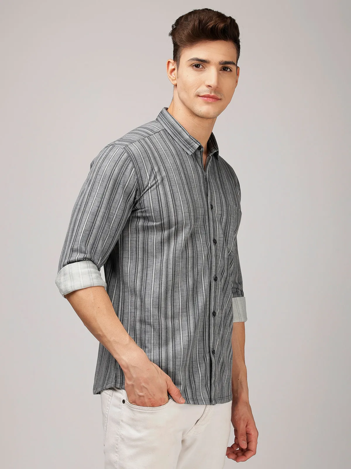 BULLMER Trendy Grey Regular Fit Striped Causal Full sleeve Shirt For Men.