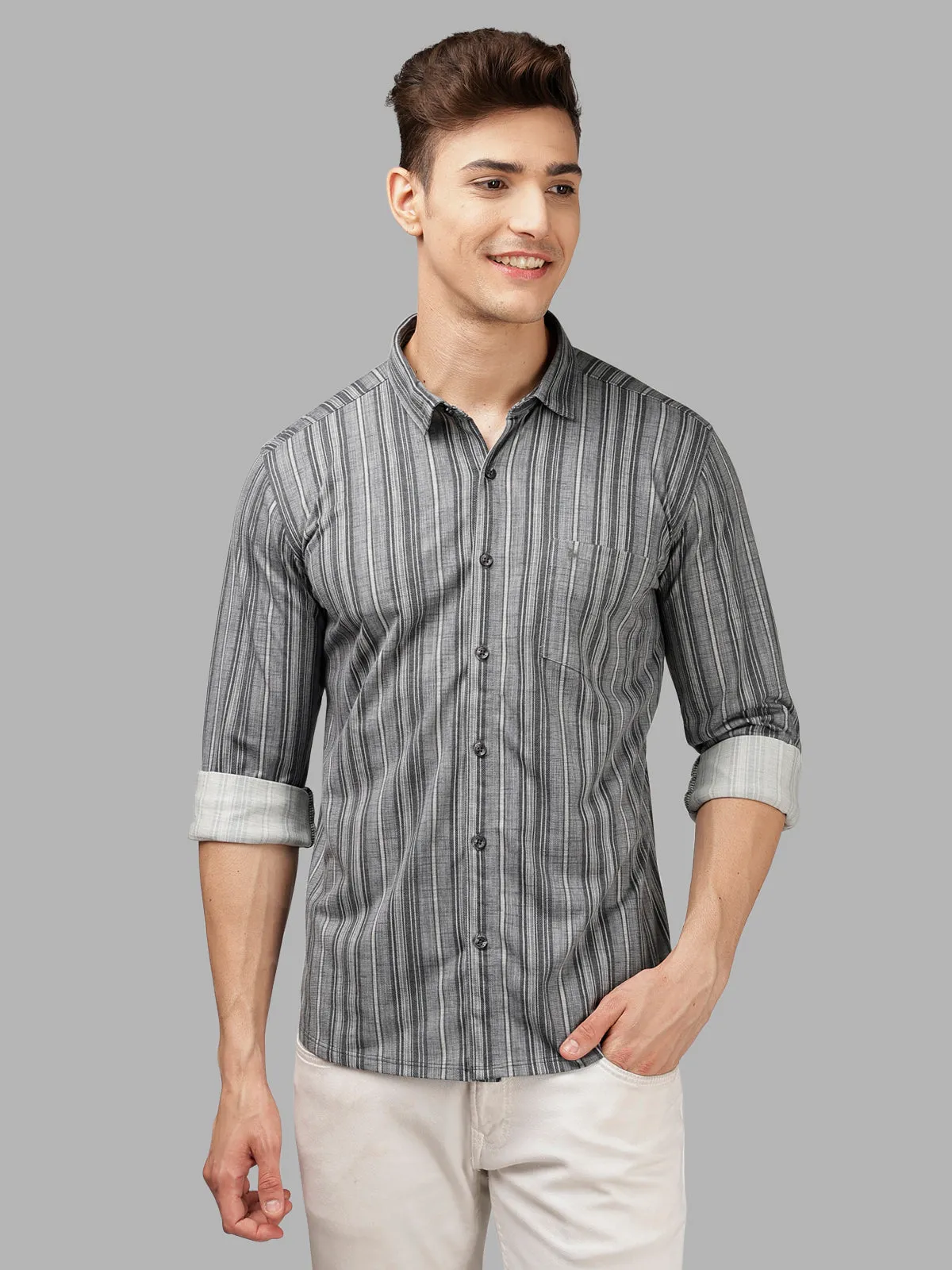 BULLMER Trendy Grey Regular Fit Striped Causal Full sleeve Shirt For Men.