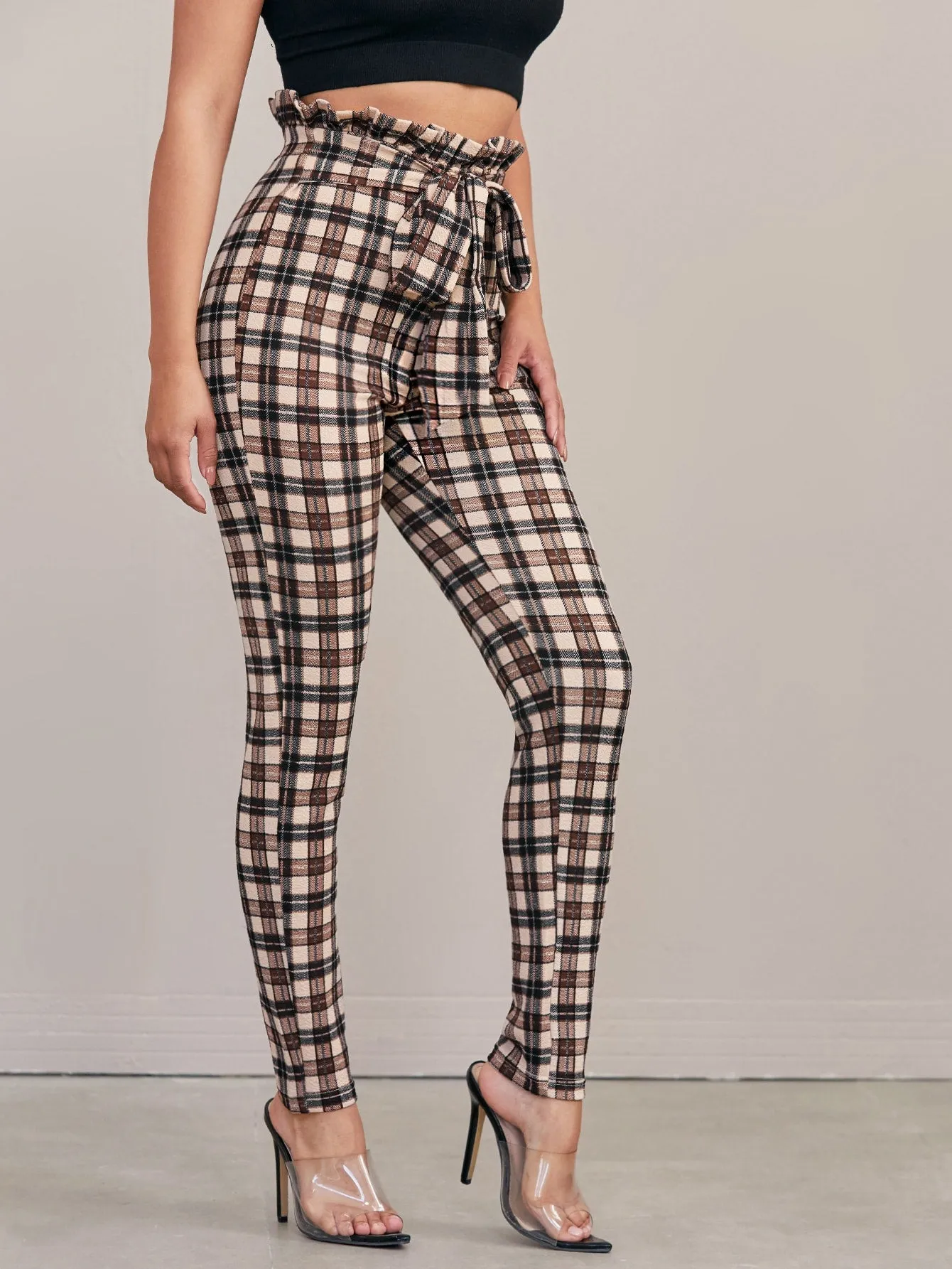Casual Plaid Paper Bag Waist High Waist Long Women Pants