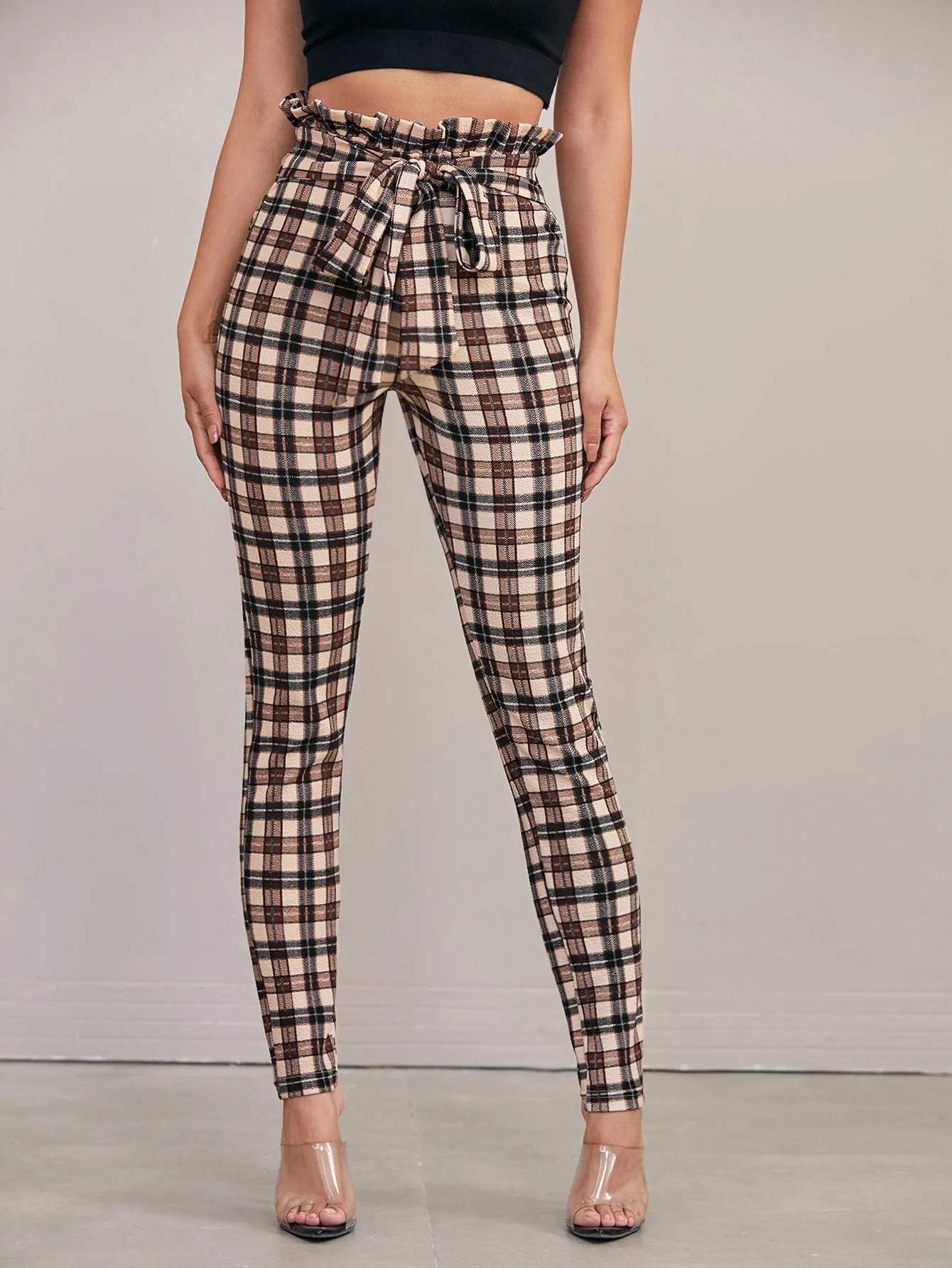 Casual Plaid Paper Bag Waist High Waist Long Women Pants