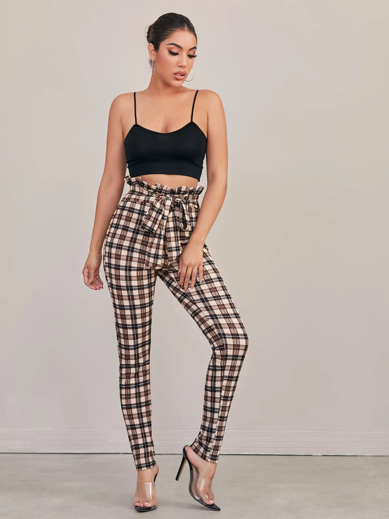 Casual Plaid Paper Bag Waist High Waist Long Women Pants