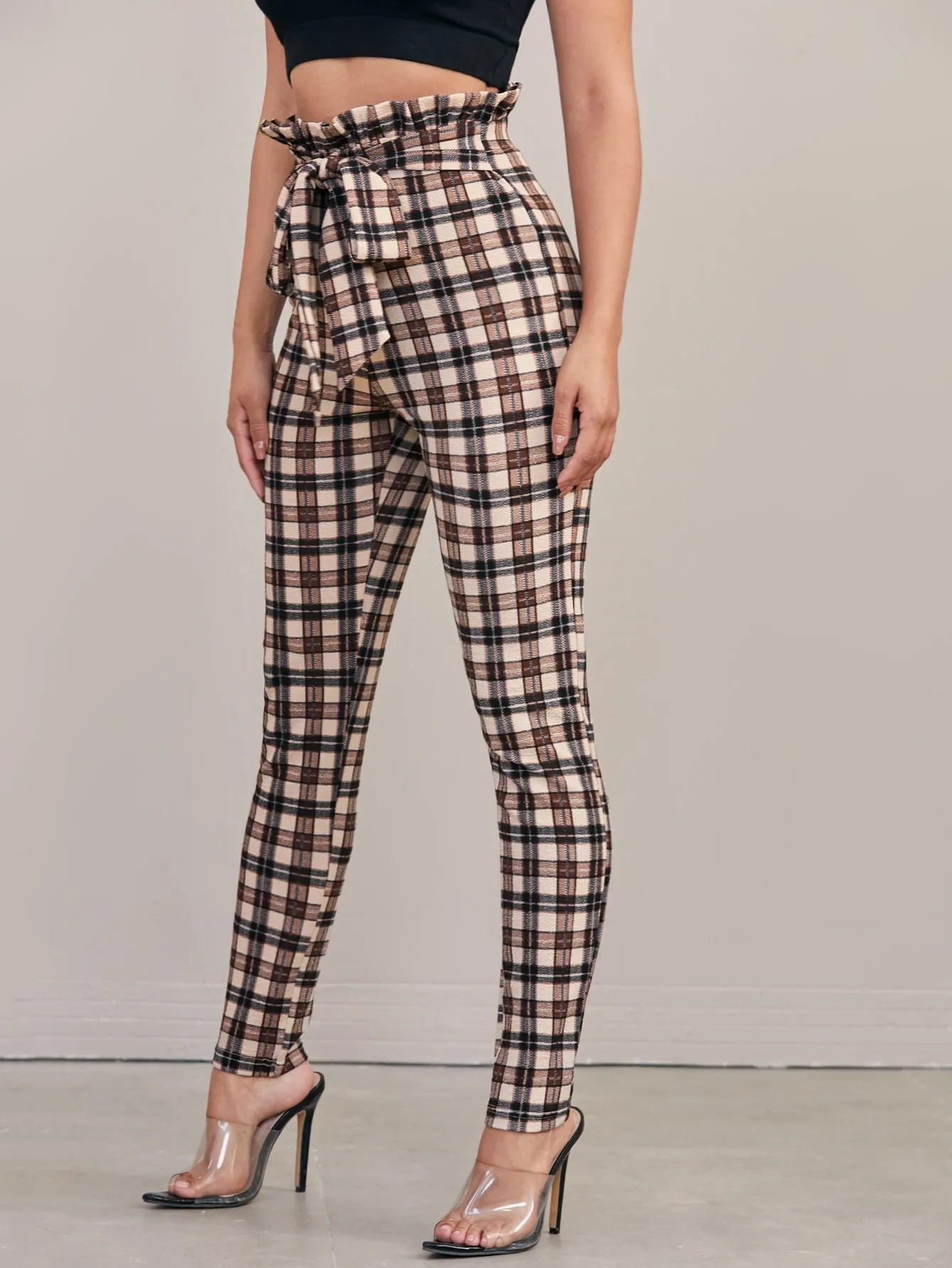 Casual Plaid Paper Bag Waist High Waist Long Women Pants