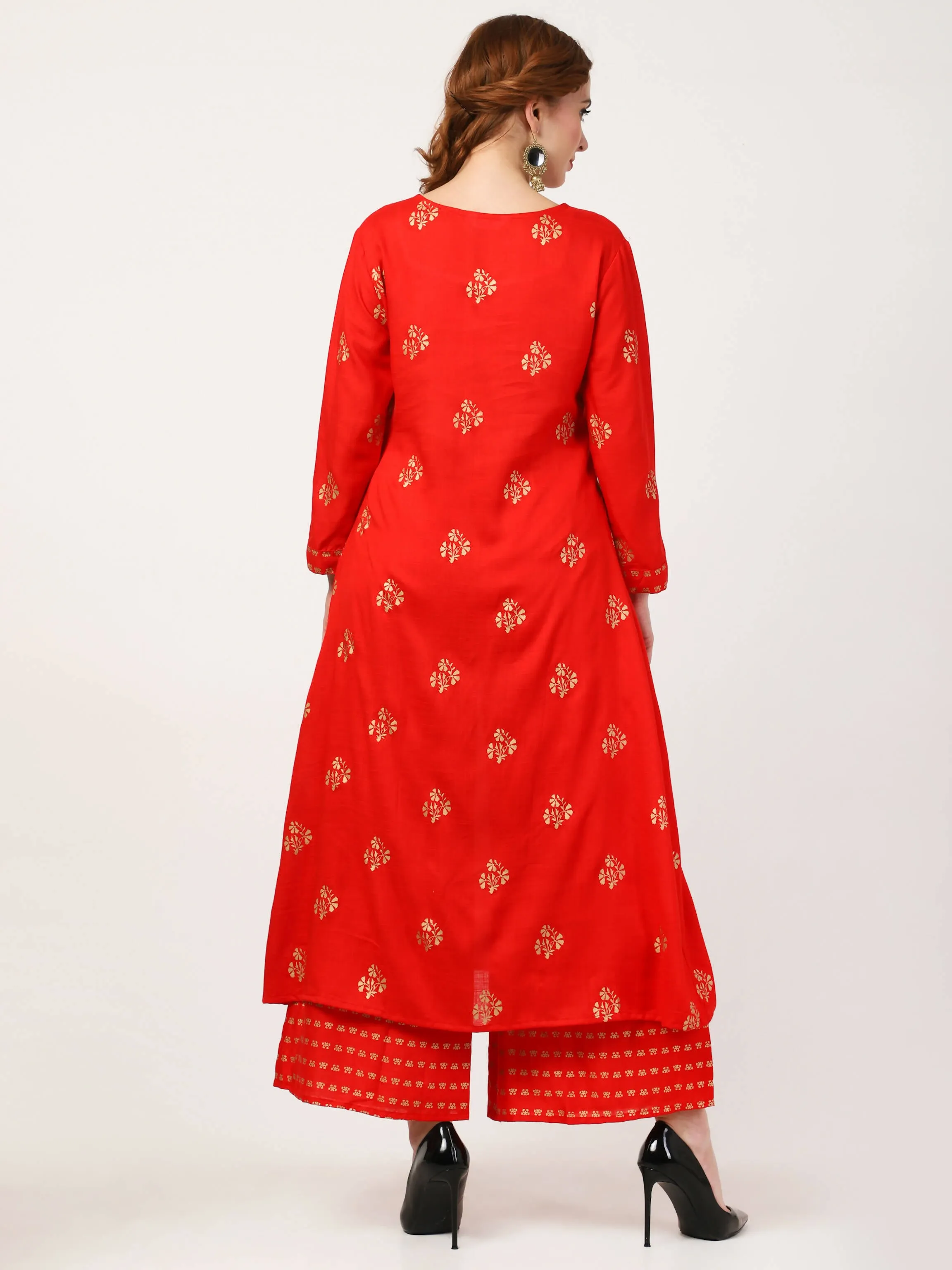 Cheera Embellished Daily Wear Cotton Blend Kurta With Palazoo - Red