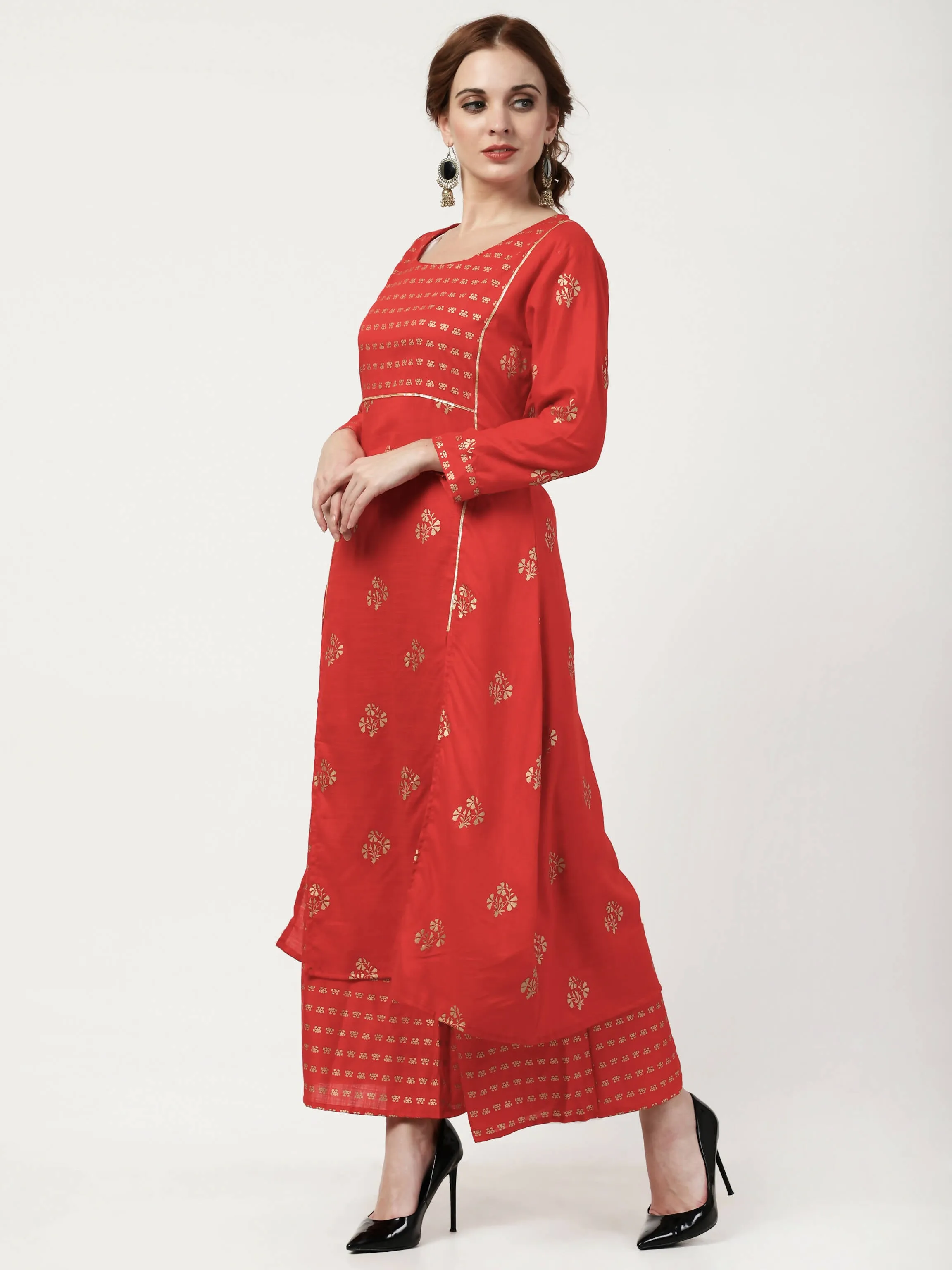 Cheera Embellished Daily Wear Cotton Blend Kurta With Palazoo - Red