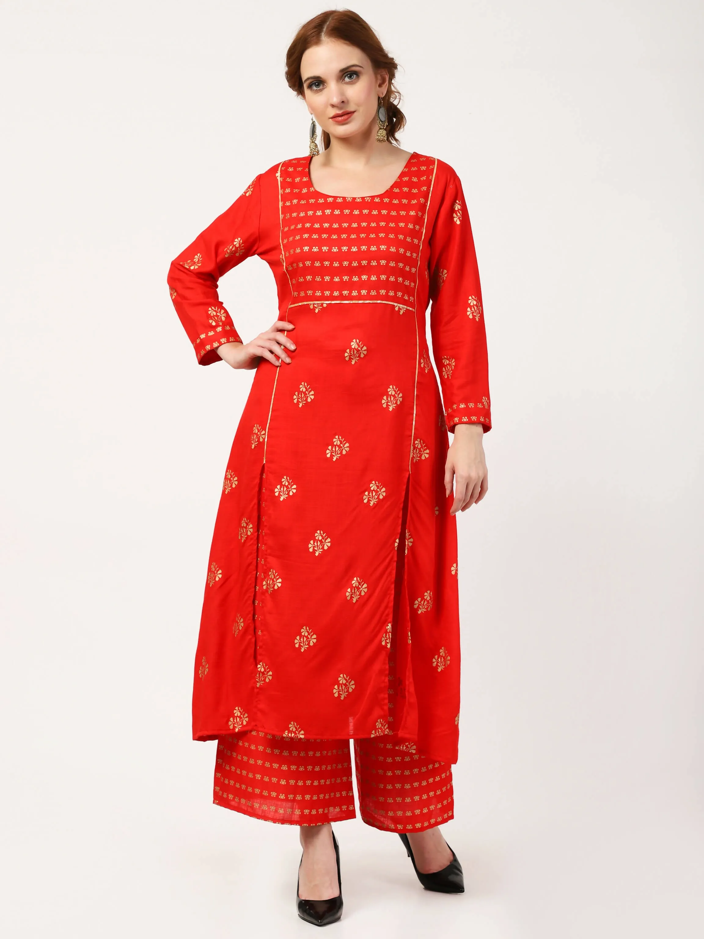 Cheera Embellished Daily Wear Cotton Blend Kurta With Palazoo - Red