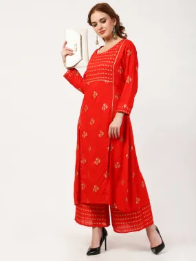 Cheera Embellished Daily Wear Cotton Blend Kurta With Palazoo - Red