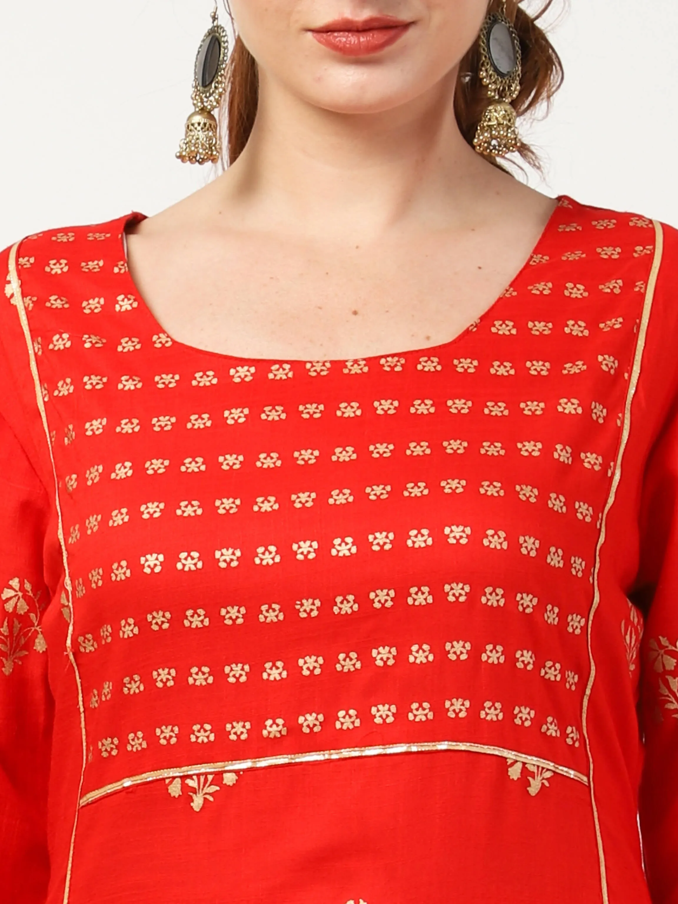 Cheera Embellished Daily Wear Cotton Blend Kurta With Palazoo - Red