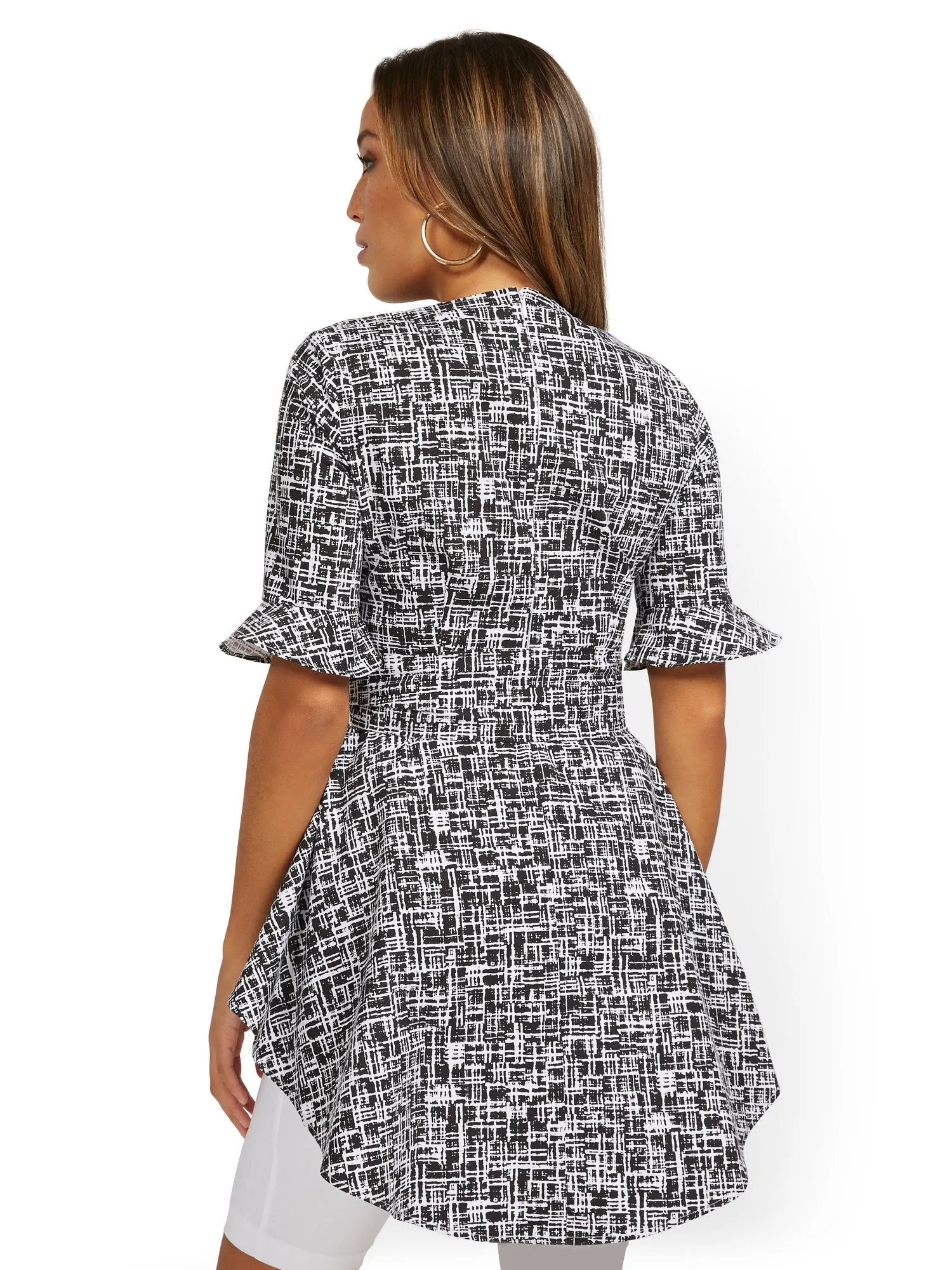 Crosshatch Tie-Waist Elbow-Sleeve High-Low Poplin Top