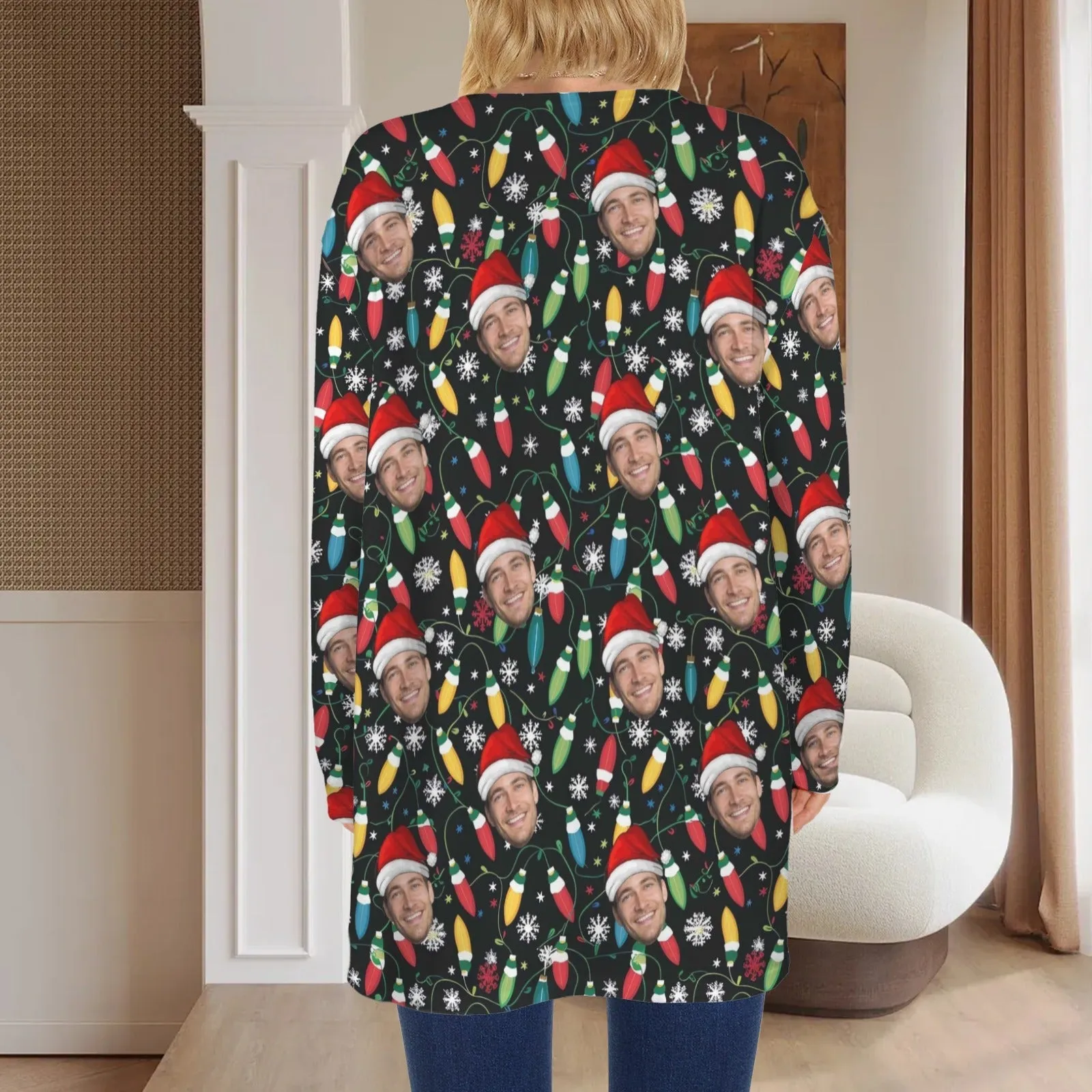 Custom Face Cardigan Ugly Christmas Colored Lights Sweater Women's Long Sleeve Pocket Cardigan