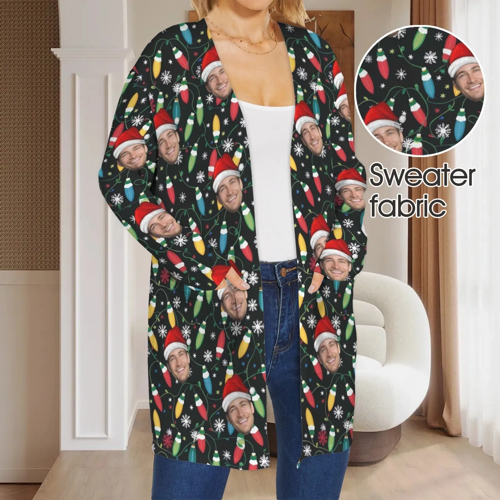 Custom Face Cardigan Ugly Christmas Colored Lights Sweater Women's Long Sleeve Pocket Cardigan