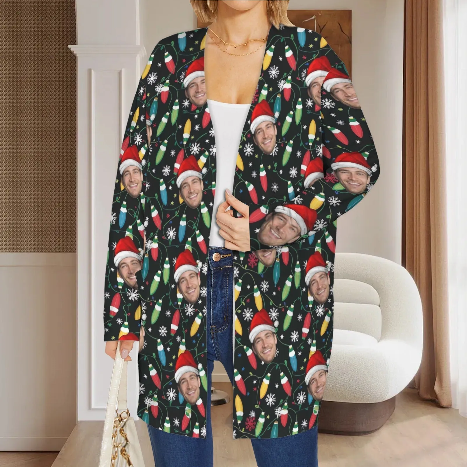 Custom Face Cardigan Ugly Christmas Colored Lights Sweater Women's Long Sleeve Pocket Cardigan