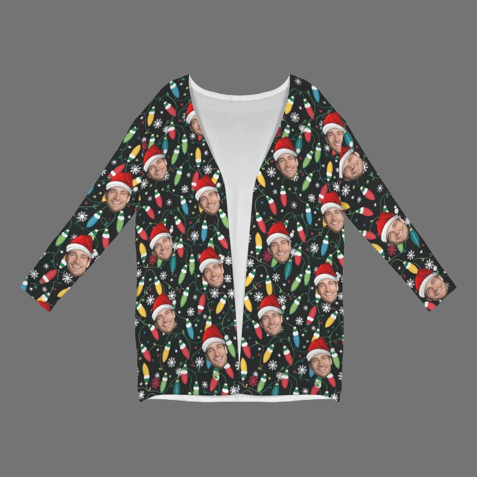Custom Face Cardigan Ugly Christmas Colored Lights Sweater Women's Long Sleeve Pocket Cardigan