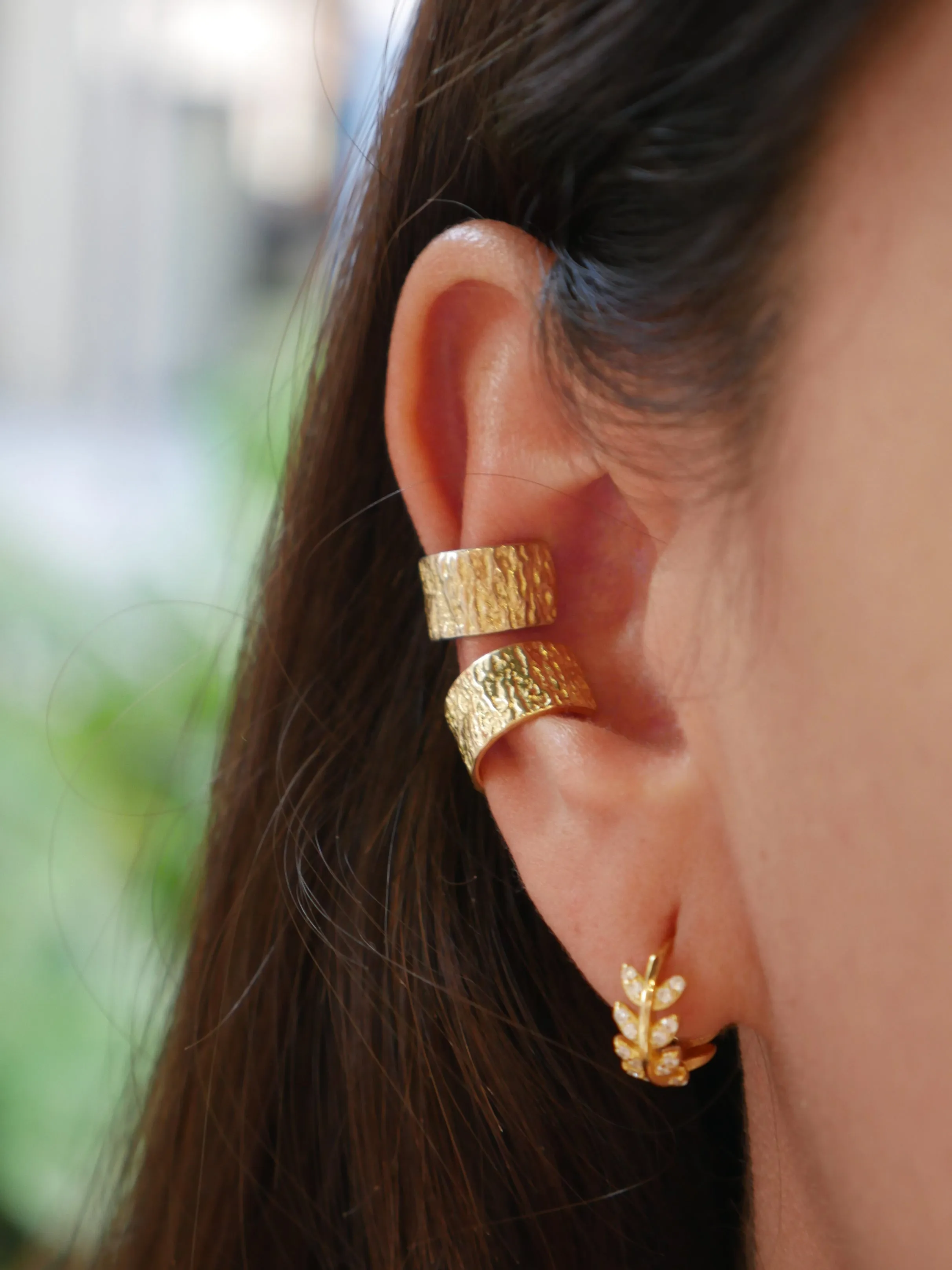 Ear Cuffs Chunky Hammered .925 Sterling Silver 18k Gold Plated Ear Cuff Earrings