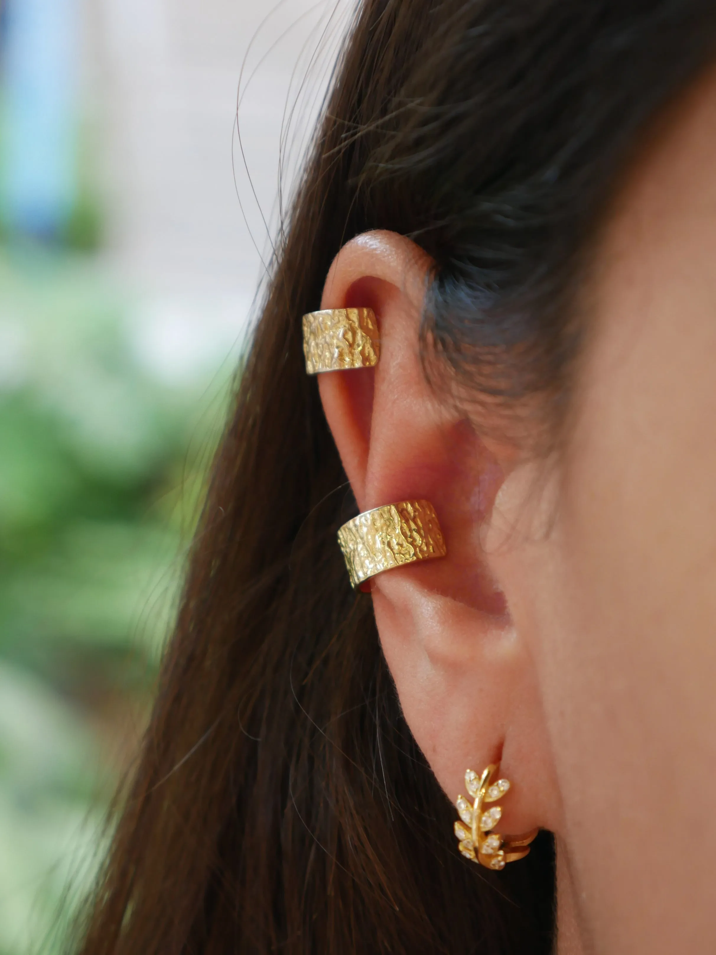 Ear Cuffs Chunky Hammered .925 Sterling Silver 18k Gold Plated Ear Cuff Earrings