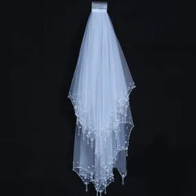 Elbow Length Crystal Rhinestone & Pearls Beaded Edge 2 Layer Wedding Veils with Comb