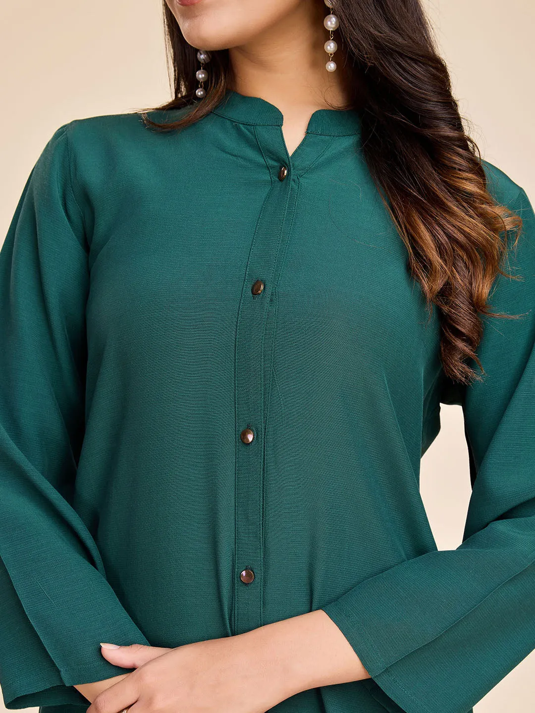 elegant front button mandarin collar long top with cuff sleeves & a comfortable flared pants set in Moroccan Crepe - Sea Green