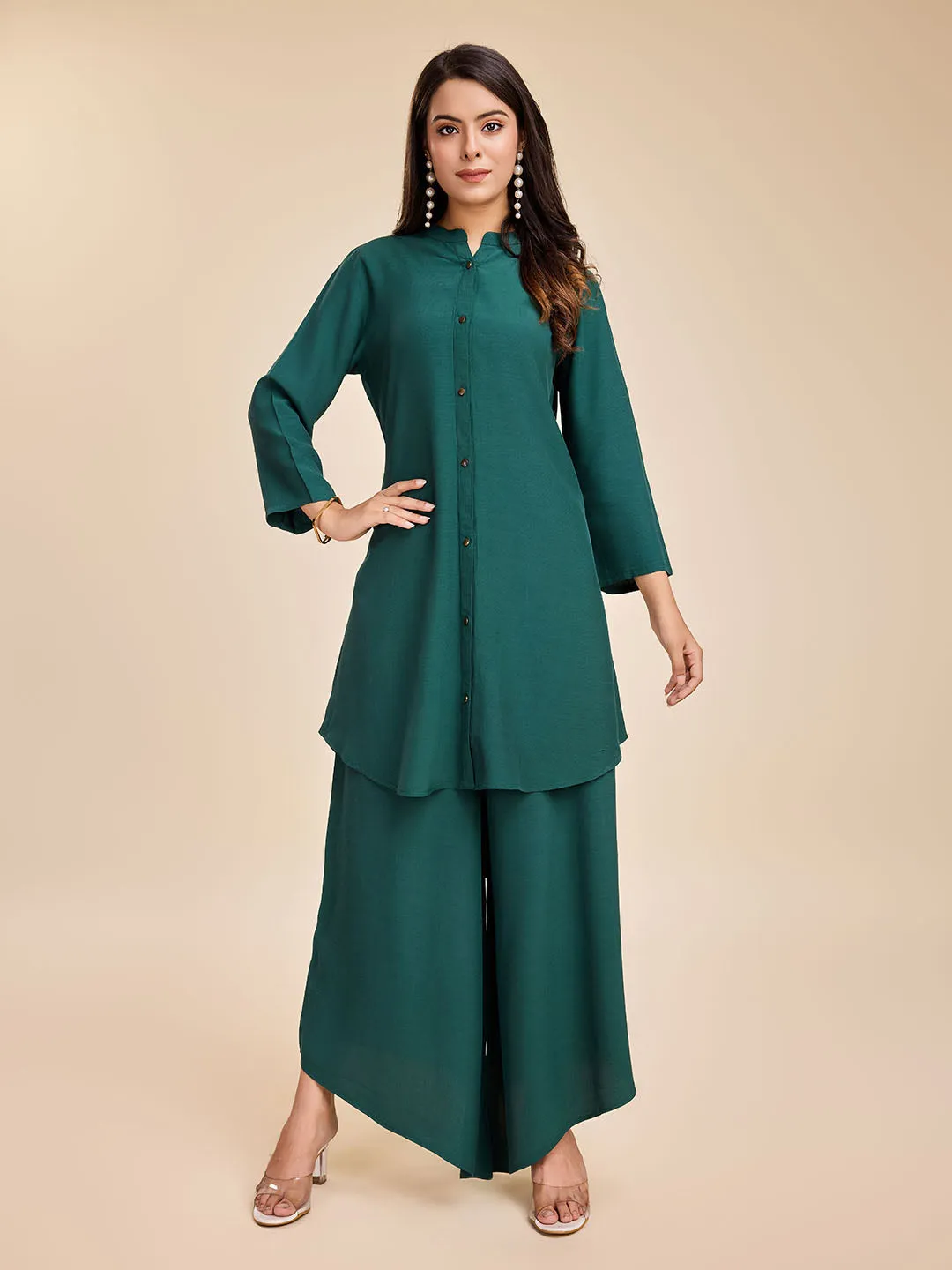 elegant front button mandarin collar long top with cuff sleeves & a comfortable flared pants set in Moroccan Crepe - Sea Green