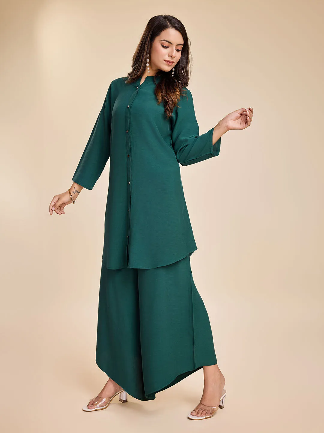 elegant front button mandarin collar long top with cuff sleeves & a comfortable flared pants set in Moroccan Crepe - Sea Green