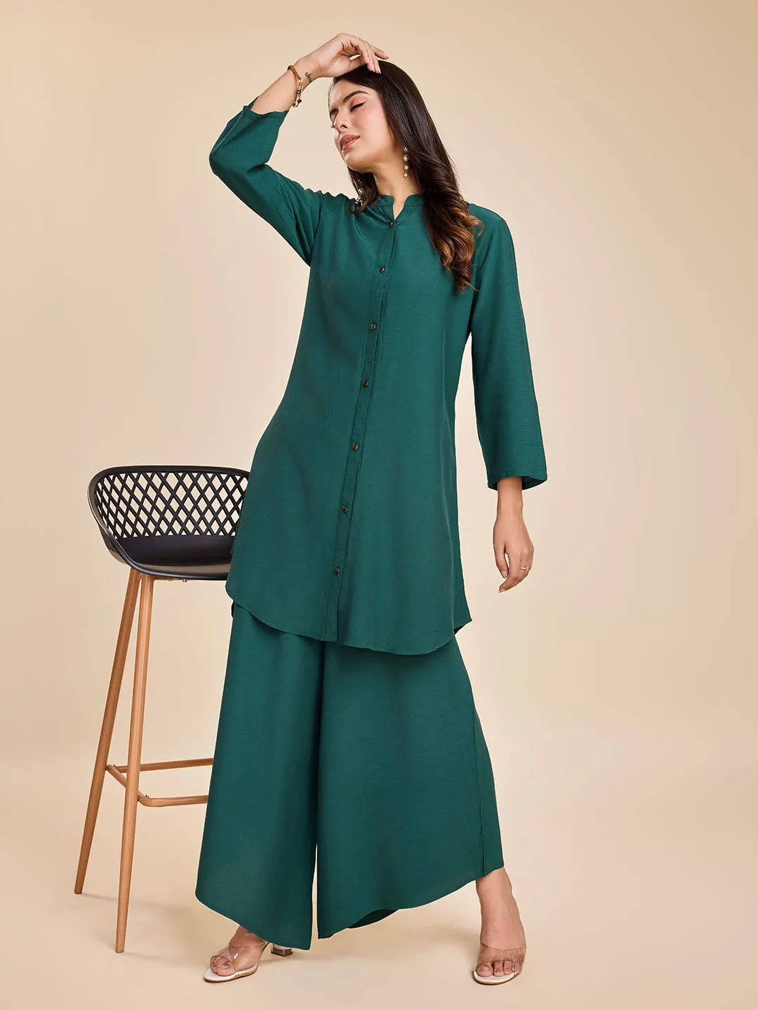 elegant front button mandarin collar long top with cuff sleeves & a comfortable flared pants set in Moroccan Crepe - Sea Green