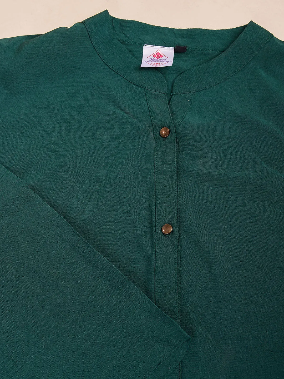 elegant front button mandarin collar long top with cuff sleeves & a comfortable flared pants set in Moroccan Crepe - Sea Green