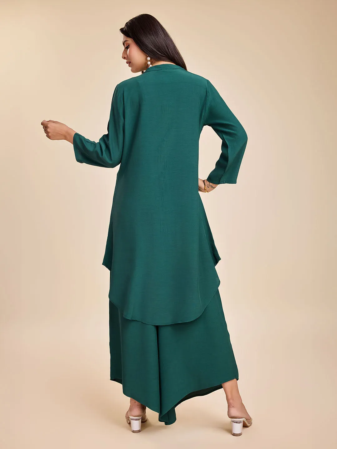 elegant front button mandarin collar long top with cuff sleeves & a comfortable flared pants set in Moroccan Crepe - Sea Green