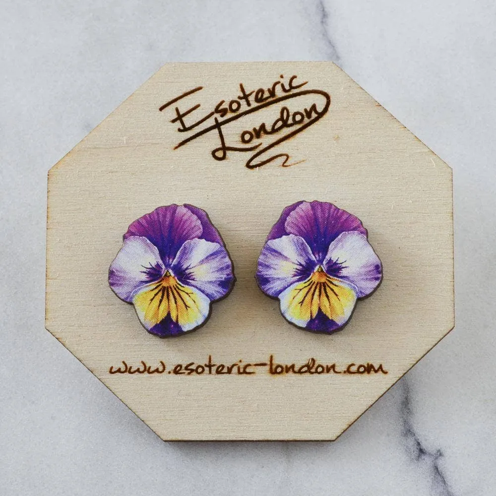 Esoteric London Jewellery - Watercolour Pansy Earrings - Purple Yellow