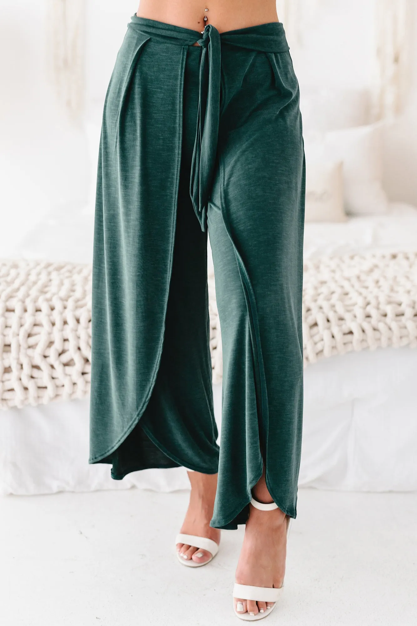 Finding My Center Tie-Front Split Leg Pants (Teal)