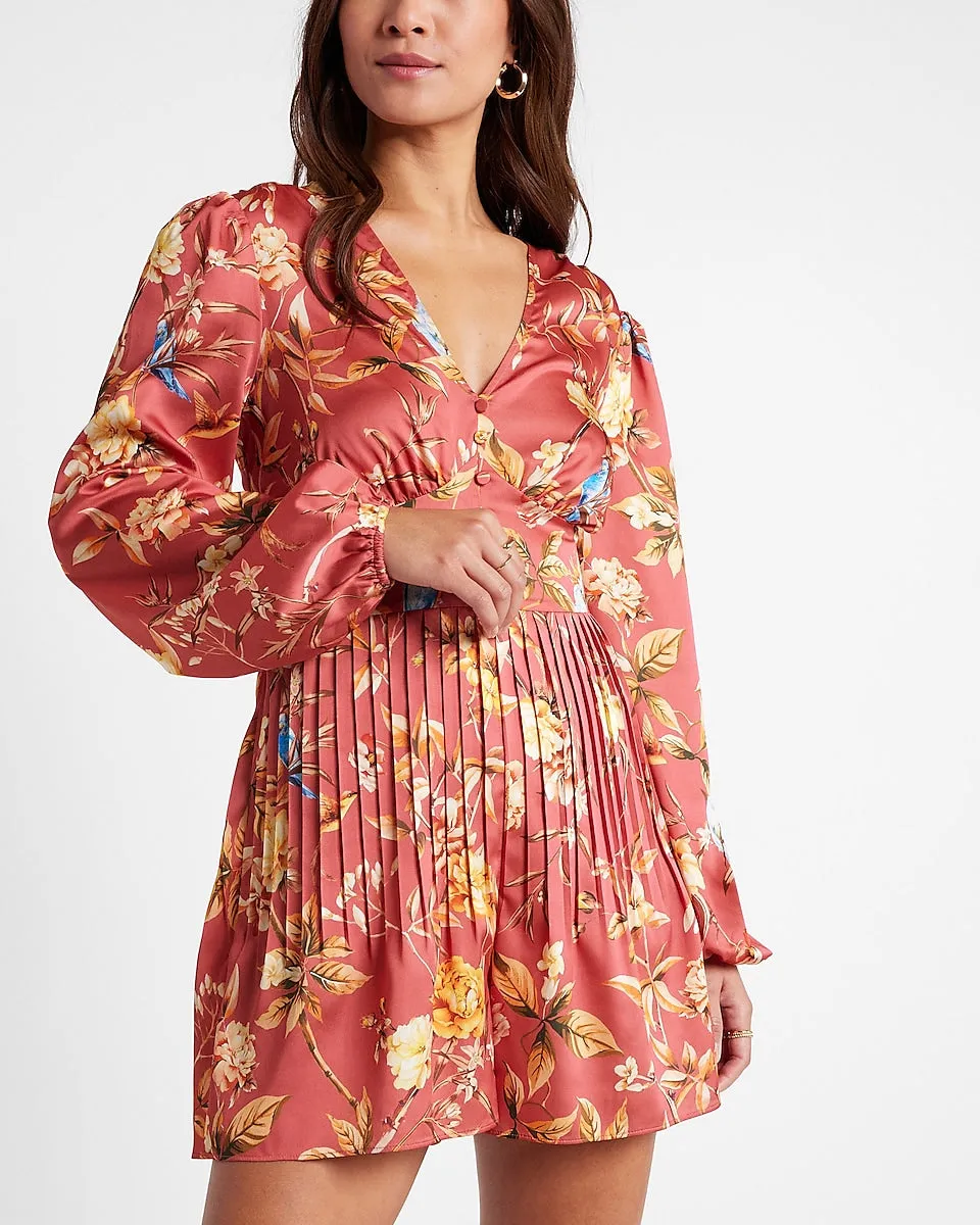 Floral Print Pleated Button Front Romper in Pink Print