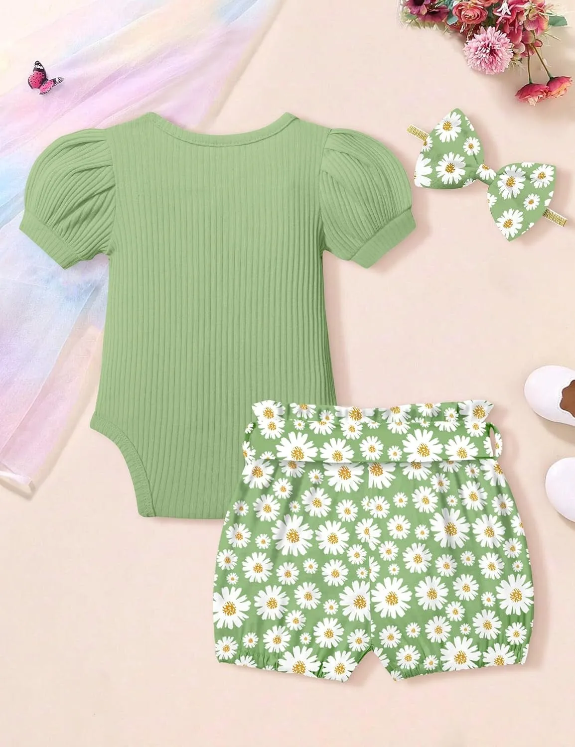 Floral Ruffle Romper and Short Pants Set for Baby Girls