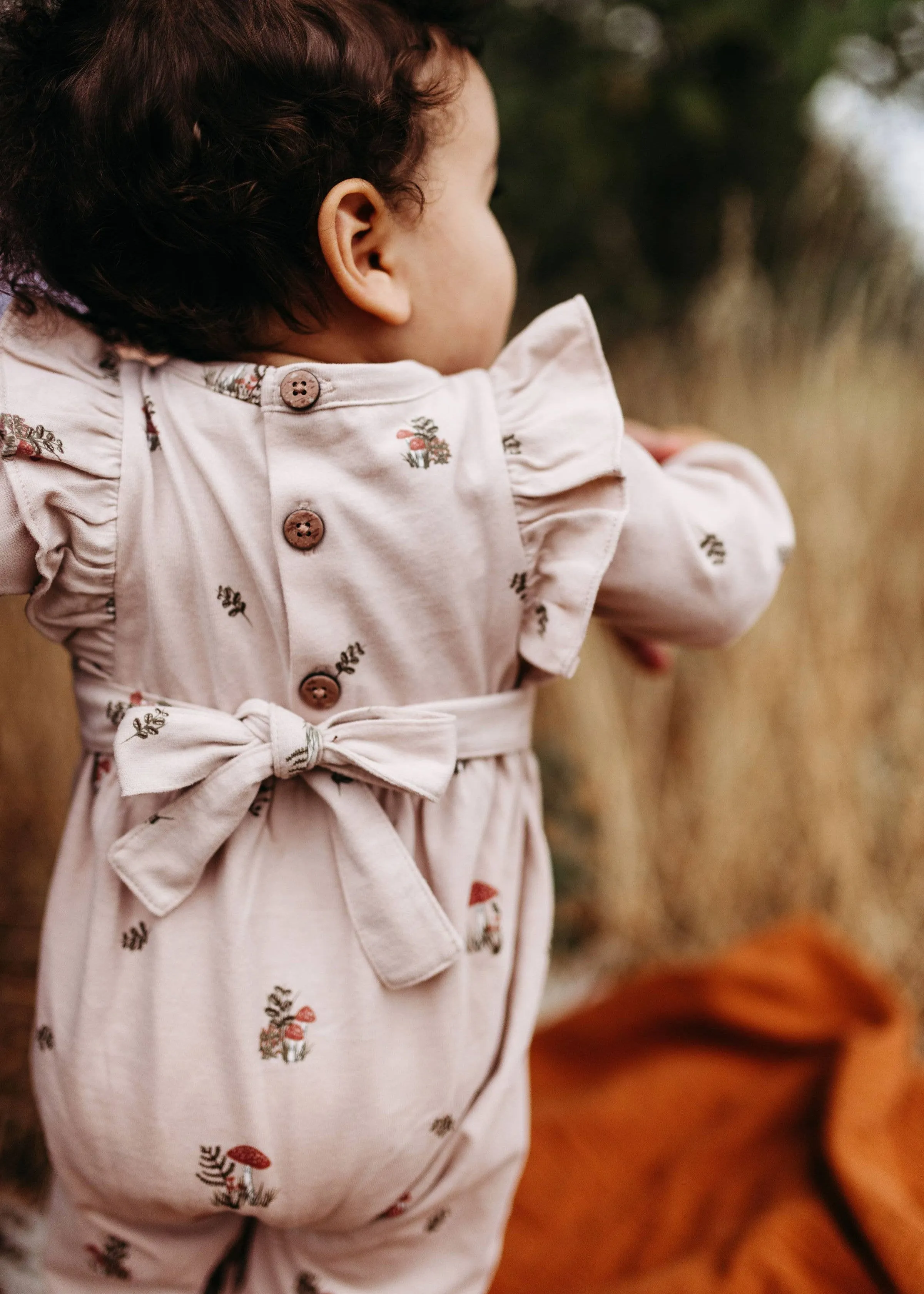 Flutter Sleeve Long Romper- Blush Mushrooms