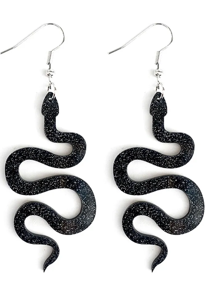 Glitter Black Acrylic Snake Dangle Earrings