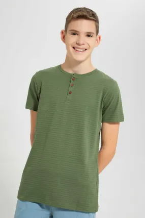 Green Textured Henley T-Shirt
