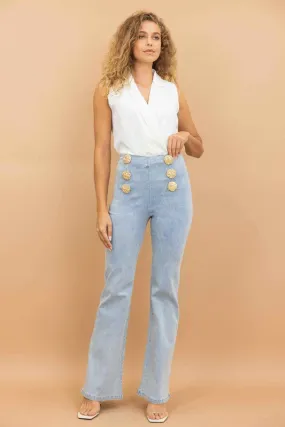 High Waist Washed Denim Pants With Button Detail