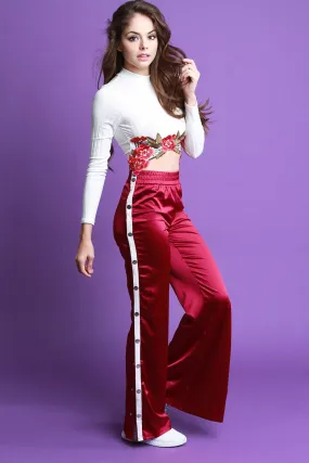 High Waisted Satin Side Snap Buttons Flared Pants