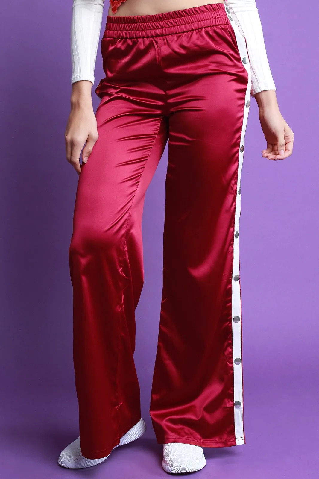 High Waisted Satin Side Snap Buttons Flared Pants