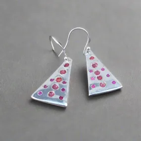 Jane Vernon Fine silver & acrylic triangle earrings, orange & pink spots (JV E46)