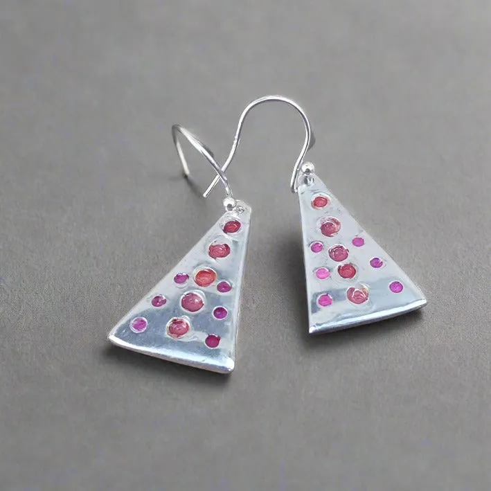 Jane Vernon Fine silver & acrylic triangle earrings, orange & pink spots (JV E46)