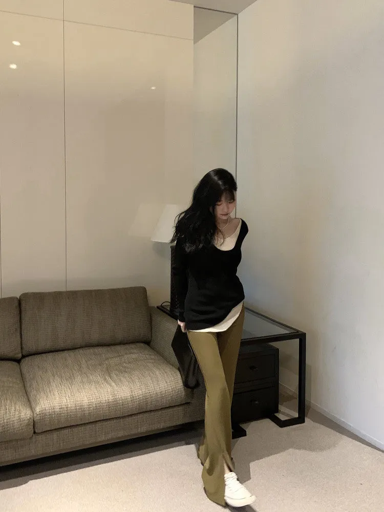 [Korean Style] High Waist Slim Fit Flare Trouser w/ Slit